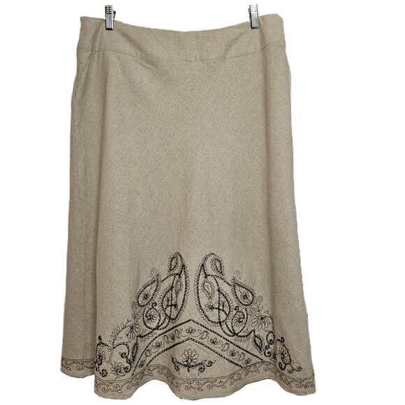 RICHARD MALCOLM Beige Embroidered  Beaded Linen Midi A-Line Skirt Size 16 - Picture 4 of 9